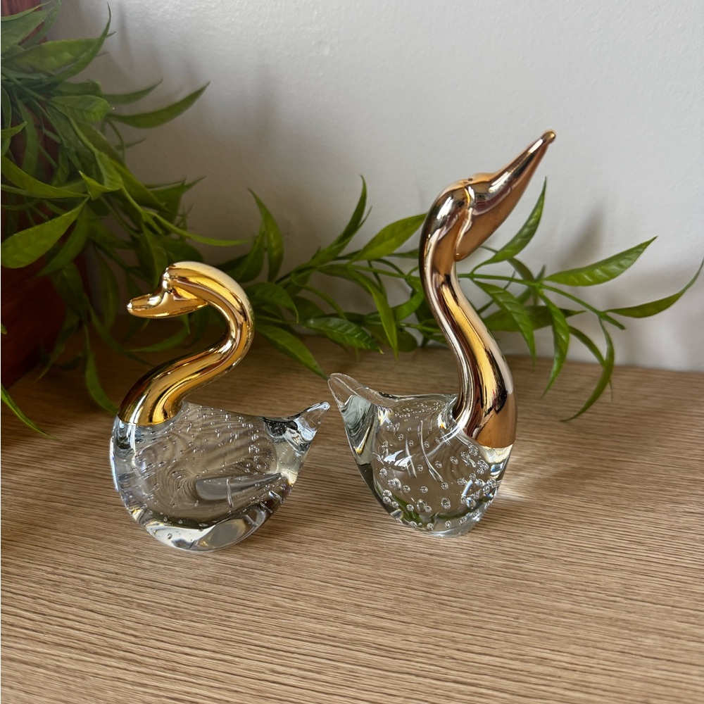 Elegant Gold and Clear Blown Glass Swan Figurines